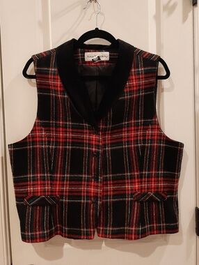 Vintage Tartan Plaid Vest Wool Blend Velvet Collar Holiday Preppy Size 16